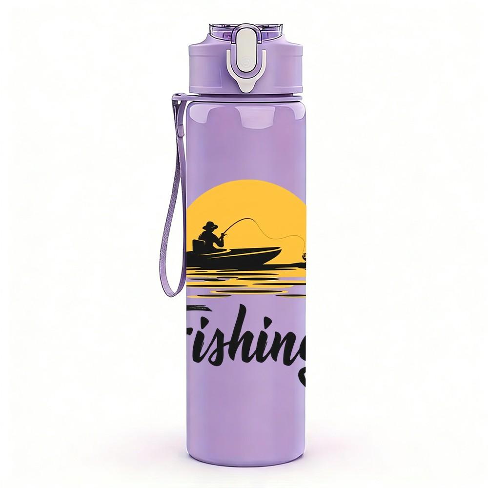 1PC Sunset Lake Fishing Silhouette Print 750ml Color Plastic Sports Water Bottle Leakproof Flip Straw Lid Suitable for Sports Office Home Use