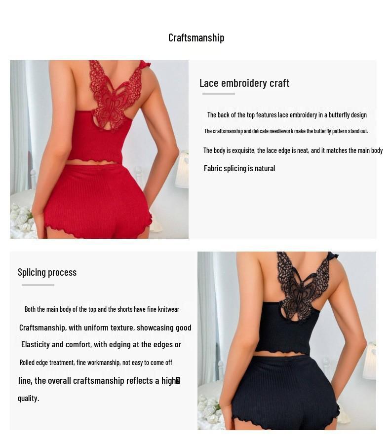 Ribbed Scalloped Edge Sleeveless Camisole and Shorts Pajama Set for Women, European & American Style Casual Homewear.