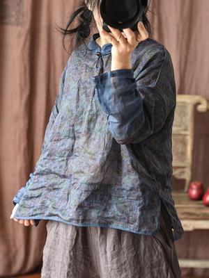 Women Vintage Print Floral Shirts Stand Chinese Style Tops Spring Ramie High Quality Women Blouses