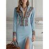 Womens Boho Chic Long Dress With Tassel Floral Print High Waist Irregular Hem Suede Velvet Sleeve