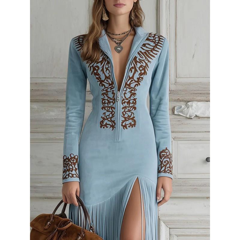 Womens Boho Chic Long Dress With Tassel Floral Print High Waist Irregular Hem Suede Velvet Sleeve