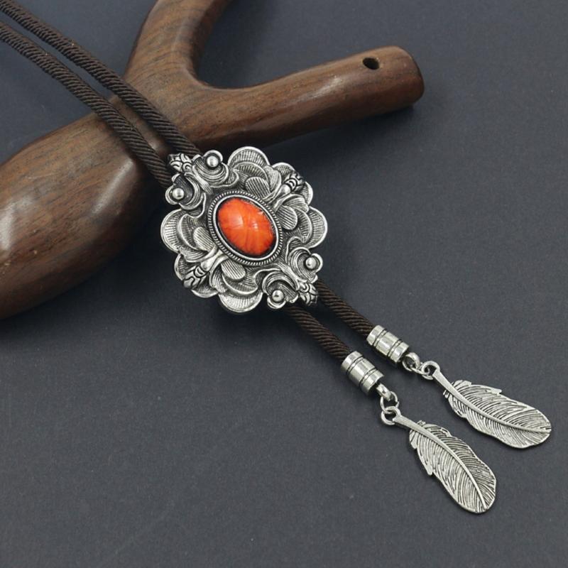 Engraving Stone Bolo Tie Carved Necktie for Shirt Jeans Western Necklace Braided Shoestring Necktie Bolo Tie