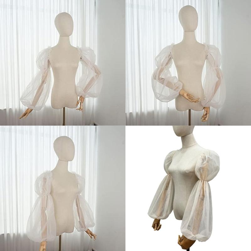 Elegant Tulle Bishop Sleeve False Sleeves Sheer Stage Costume Accessory White Ruffled Long Sleeve for Wedding