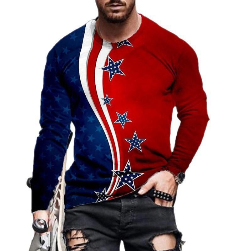 Round Neck 3D Creativity Printed Top Casual Long Sleeved Men's T-shirts - Soft Medium Stretch Polyester Fabric Spring and Autumn Relaxed Fit Clothing