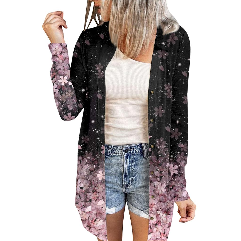 Women's Casual Fashion Floral Print Long Sleeve Mid-Length Cardigan Jacket