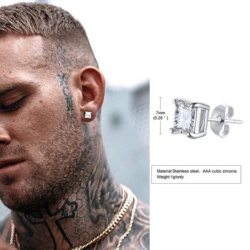 Mens Earrings, Square CZ Stud Earring, Princess Cut Earrings,Stainless Steel Butterfly Push Back Earrings,Man Jewelry