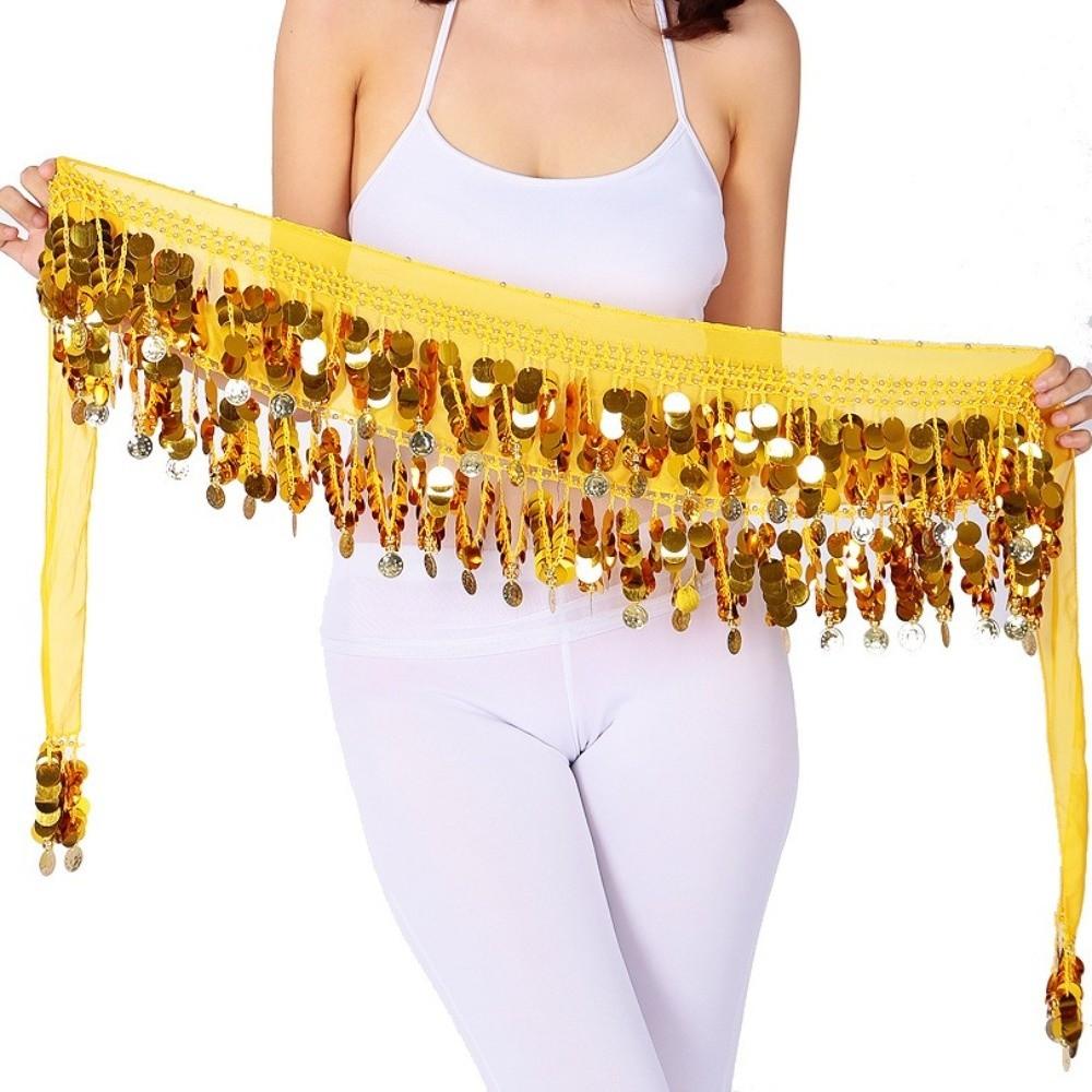 Tassel Belly Dance Hip Scarf with Gold Color Coin Waist Chain Trendy Hip Scarf  Show Costumes