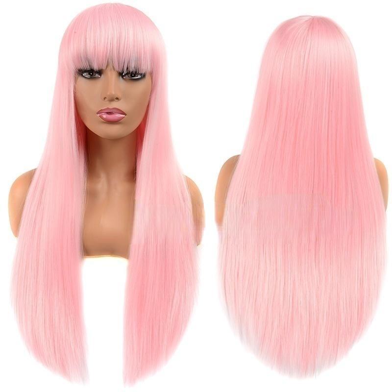 Fashion Long Straight Hair Wig with Bangs Wine Red Synthetic Wig for Women (color: 14Colors)