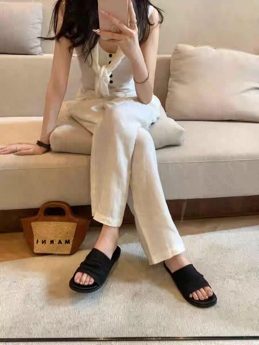 

Su Yinyin same style, Bangkok slippers~ holiday wind beach linen pleated flat bottom sandals women s slippers outside wear summer 35 чёрный