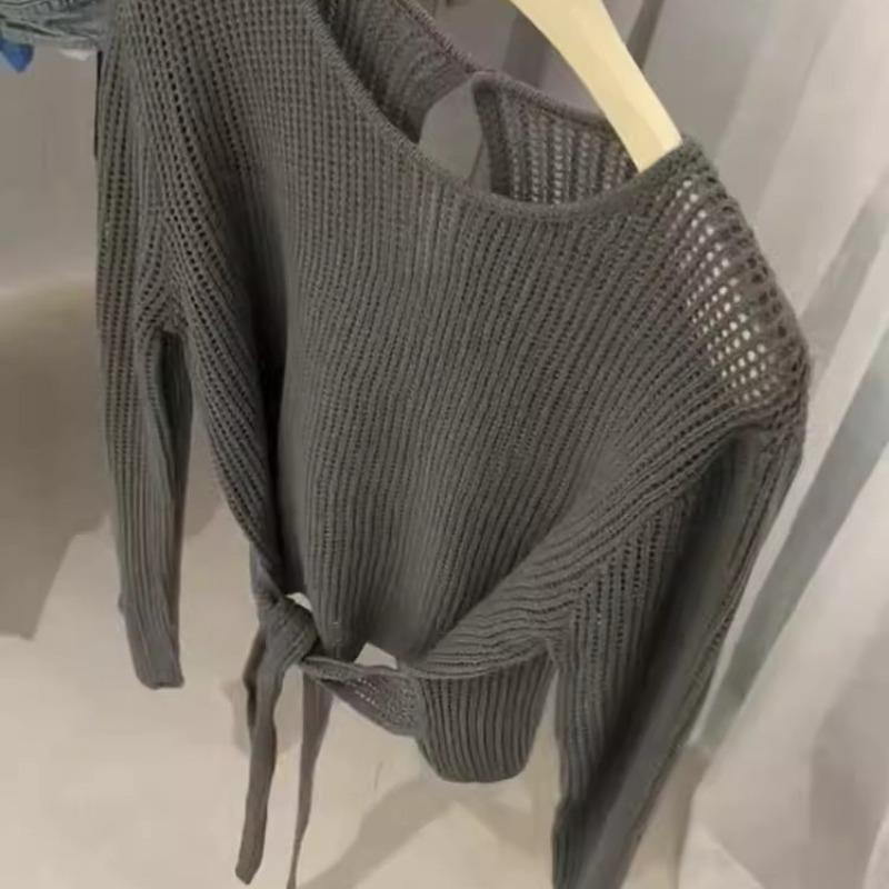 Loose and thin long-sleeved niche gray blouse women's clothing autumn new retro hollow fashionable knitted sweater women