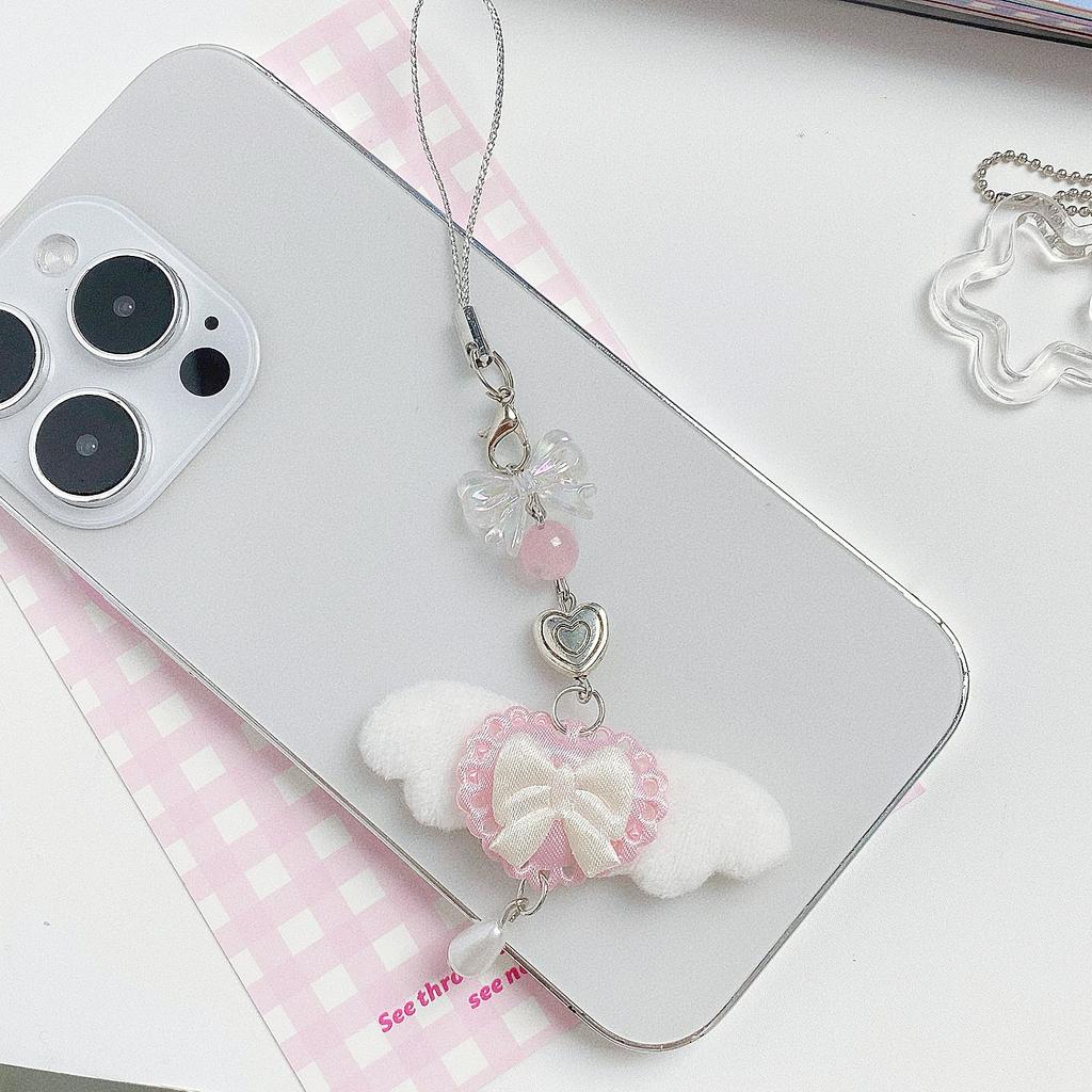 Cute Pink Fur Angel Wing Phone Strap Keychain With Bow Charm Unique Bag Decoration For Girls Lolita Style Accessories