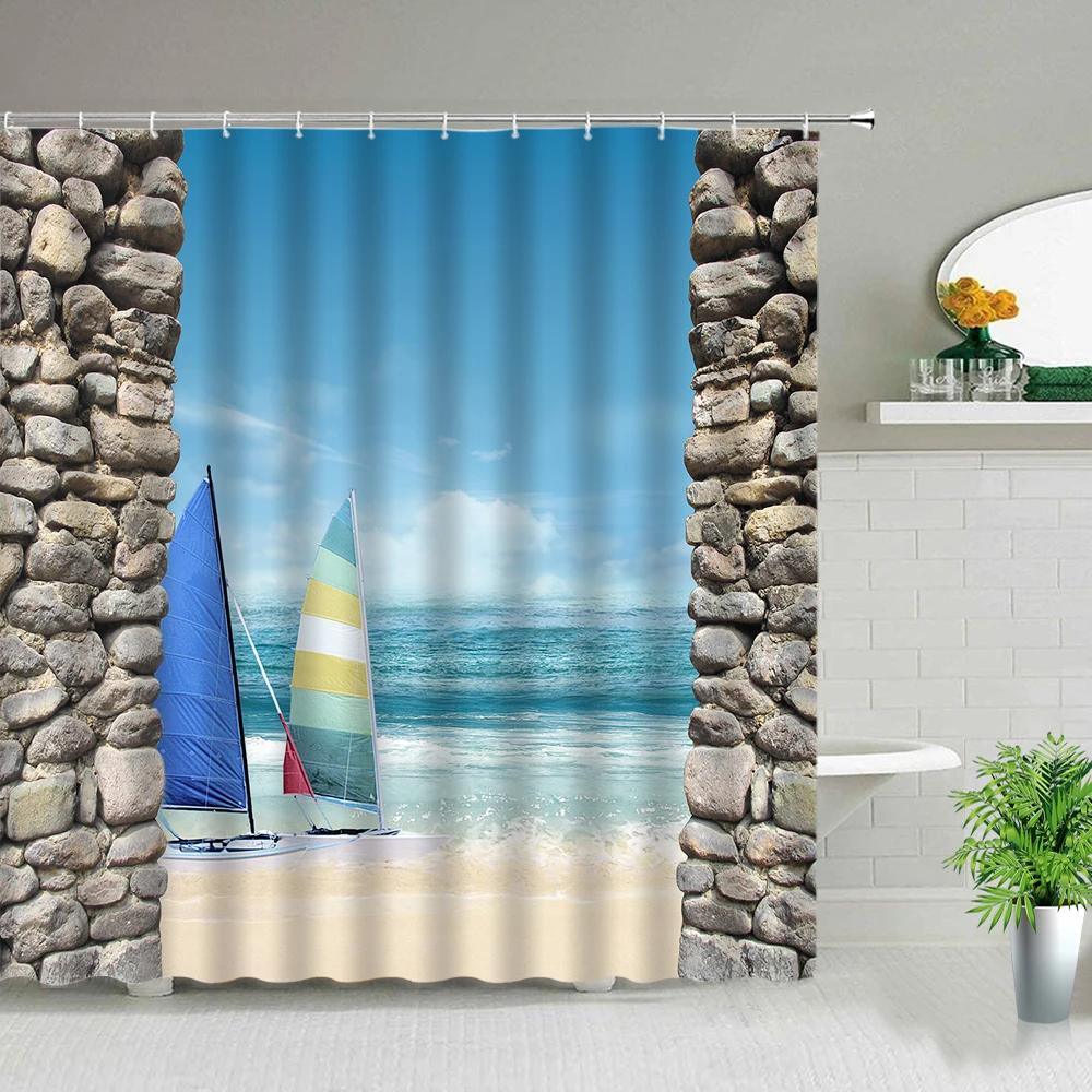 Palm Tree Ocean Scenery Shower Curtains Beach Sea Landscape Waterproof Polyester Fabric Bathroom Decor Bath Curtain with Hooks