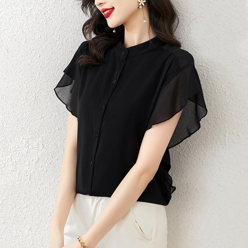 Summer Loose Short Sleeved Ruffle Sleeve Top, Thin and Niche Chiffon Shirt for Women
