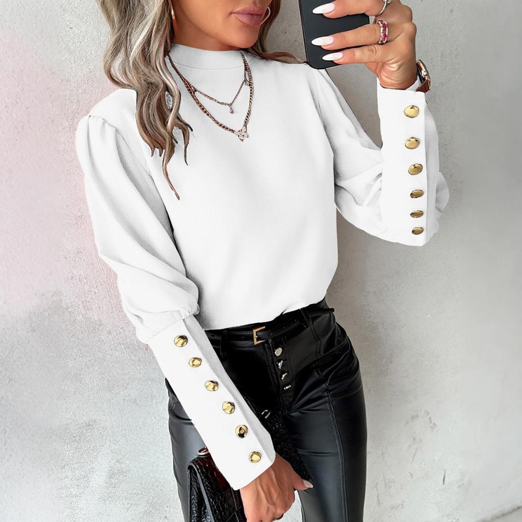 Women's Casual Sexy Backless Button Long Sleeve Solid Color Lace Round Neck Shirt