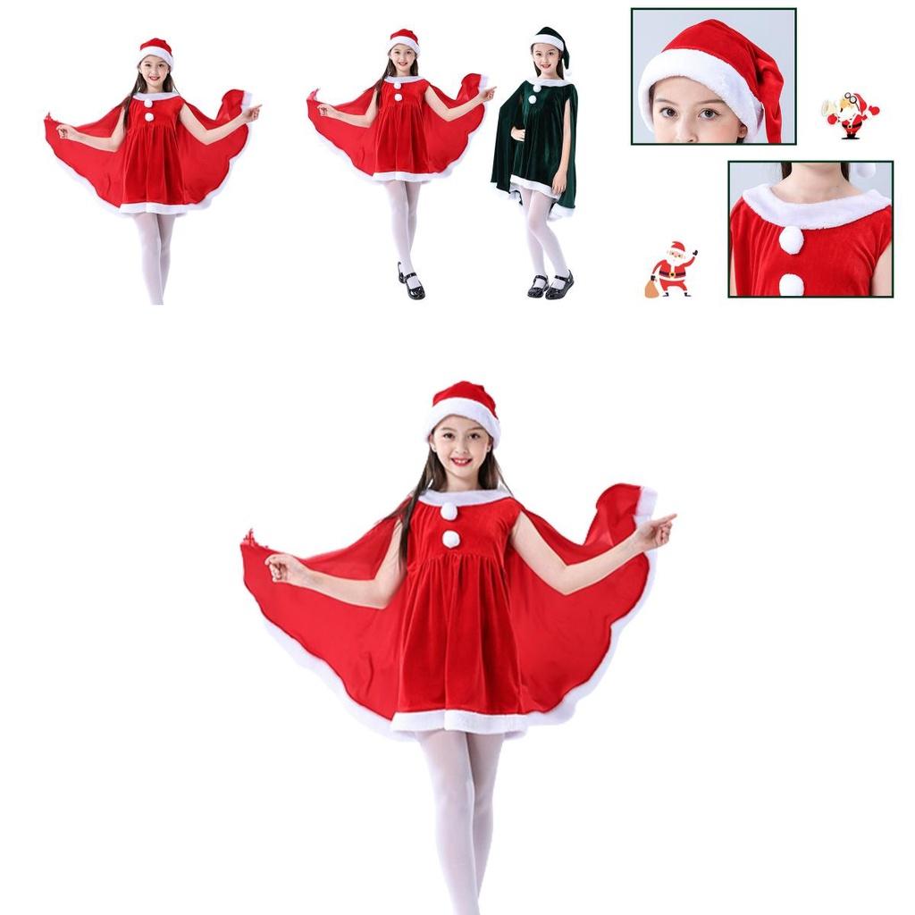 Adorable Toddler Girls Christmas Velvet Outfit With Cloak Cape Santa Claus Elf