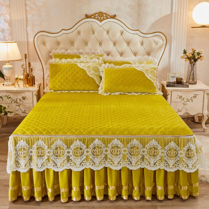 European Style Velvet Bed Skirt Quilt Cover Pillowcase 3pc Suit Thicken Autumn Winter Keep Warm Double Sided Short Plush Bedspread Quilt Cover