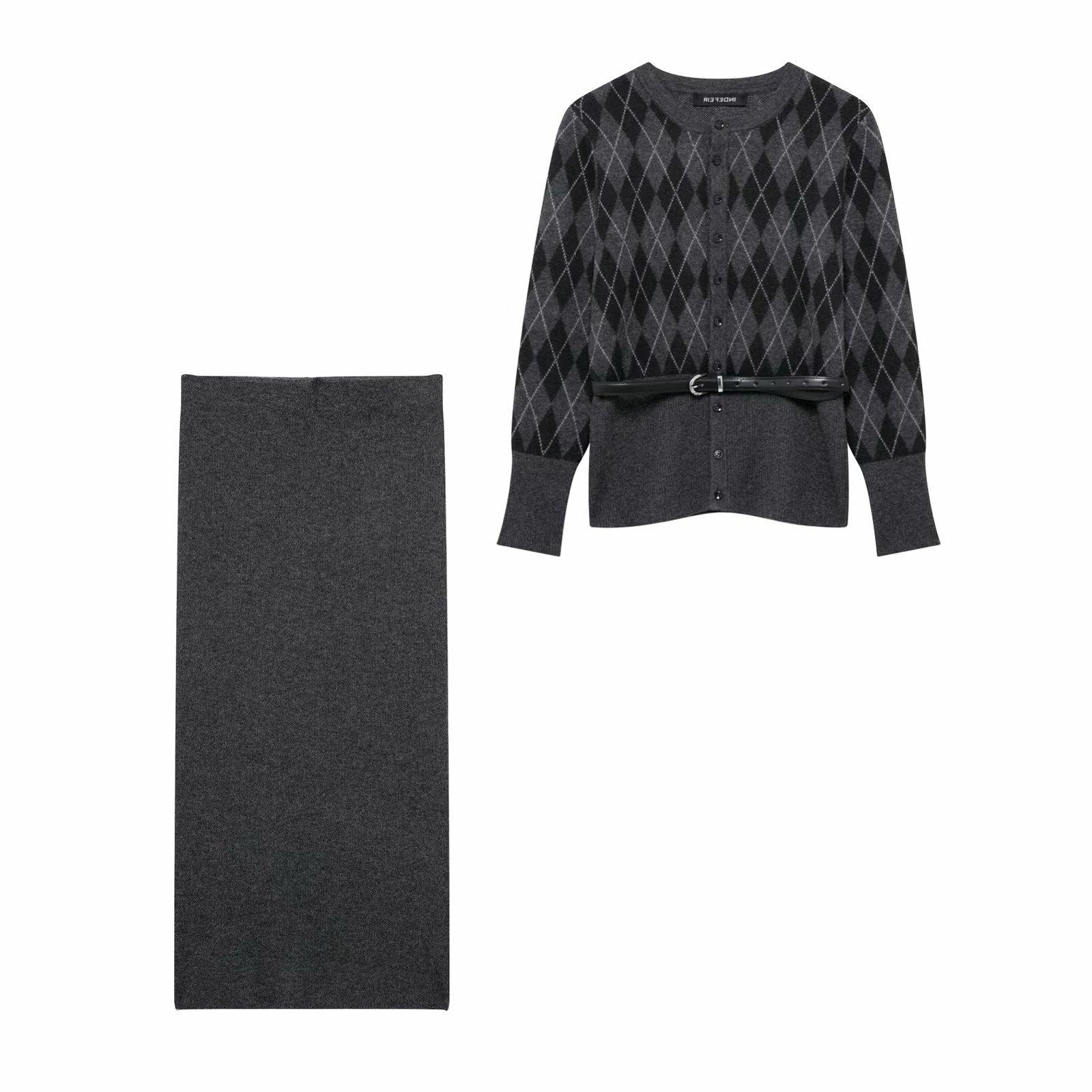 

TAOP&ZA Women s Early Spring Knitted Top with Belt & Plain Knit Midi Skirt Set S