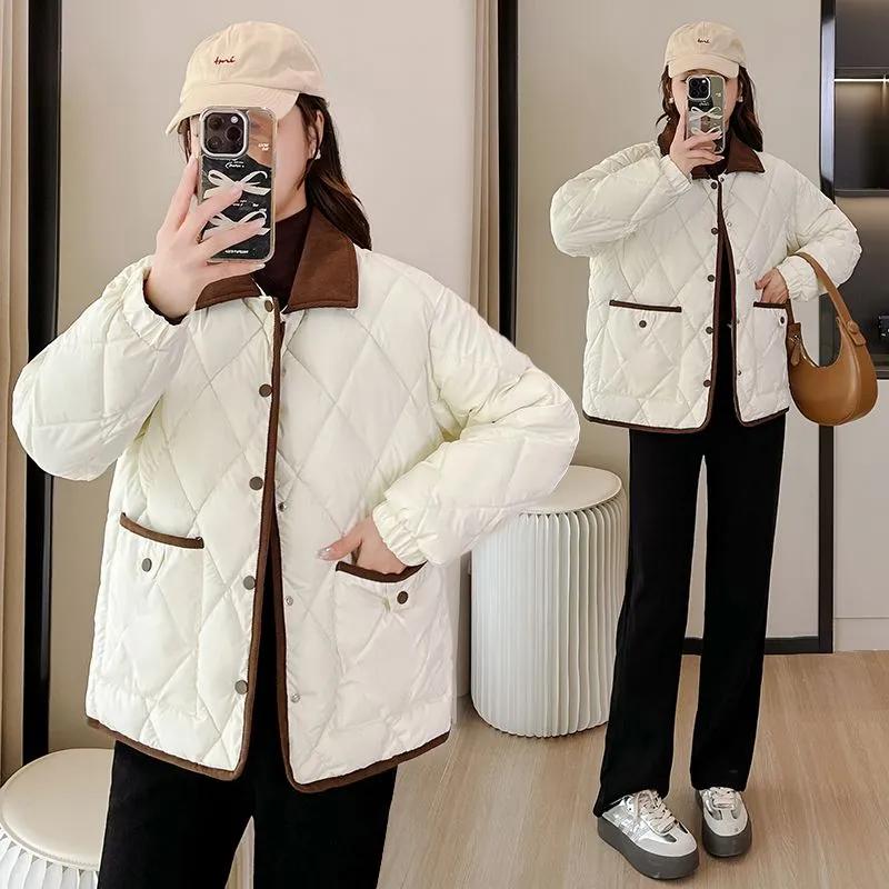 Women's Tweed Cotton Coat PU Leather Surface Versatile Loose Fit Color Autumn Winter Jacket