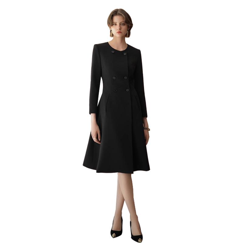 Spring/Fall Black Double-Breasted Professional Mid-Length Dress with Goddess Swing Skirt