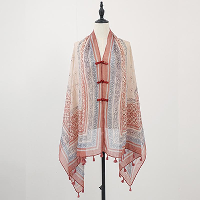 "Summer Ethnic Style Cotton-Linen Shawl: Handmade Retro Button Sunscreen Beach Cover-Up"