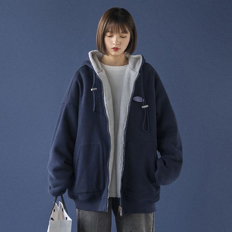 Lamb Wool Coat Women's Lazy Cardigan Sweatshirt Fleece Lined Thickened Loose Korean Style Chic Autumn Winter Hooded Top