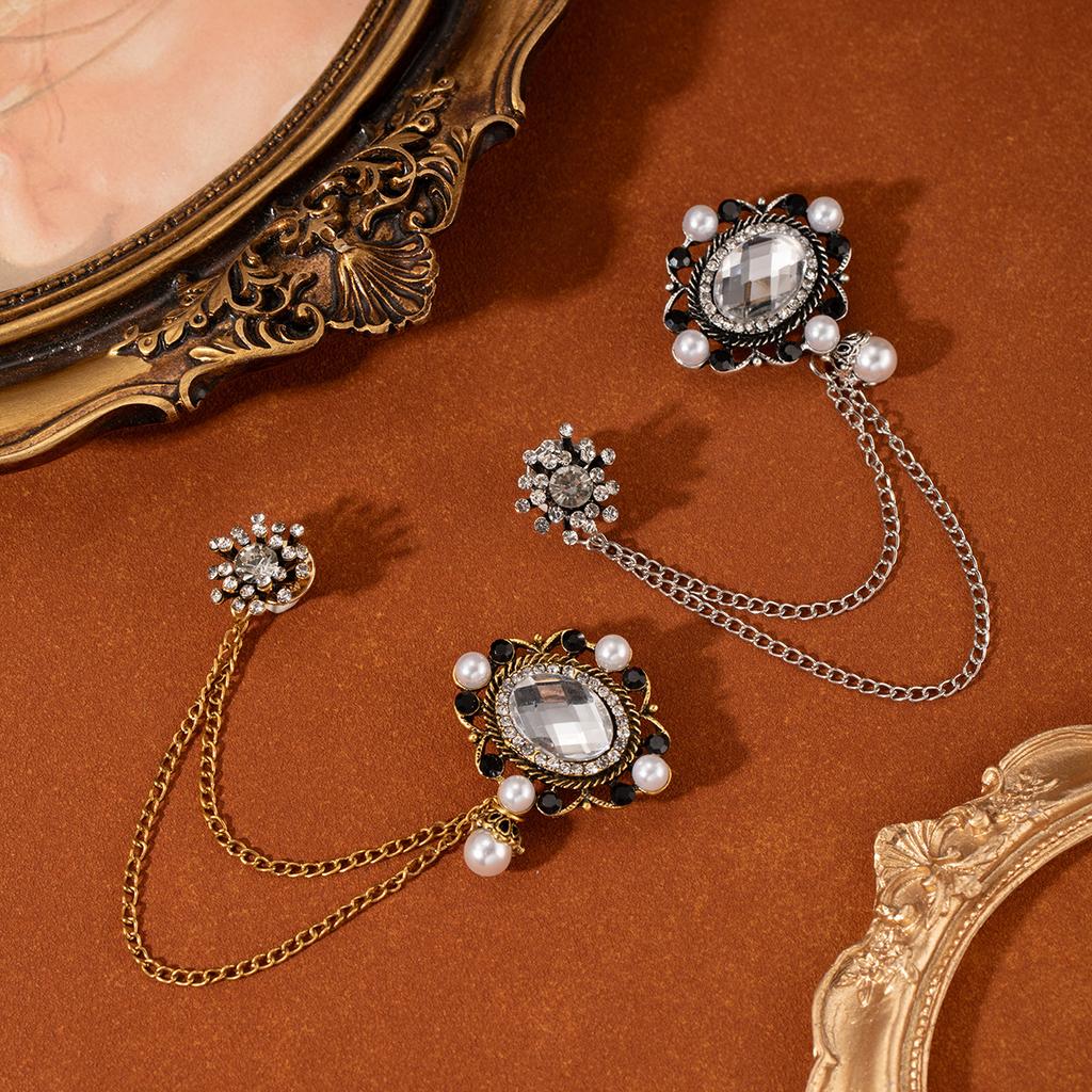 Vintage British Style Pearl Brooch, Fashionable Men'S Suit Accessories, Gemstone Chain, Diamond-Set Fireworks Brooch.