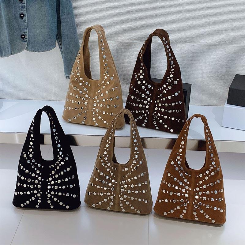 European American Fashion Tote Bags Stylish Shoulder Bags With Studs Dots New Suede Handbags Versatile Solid Color Commuter Bags
