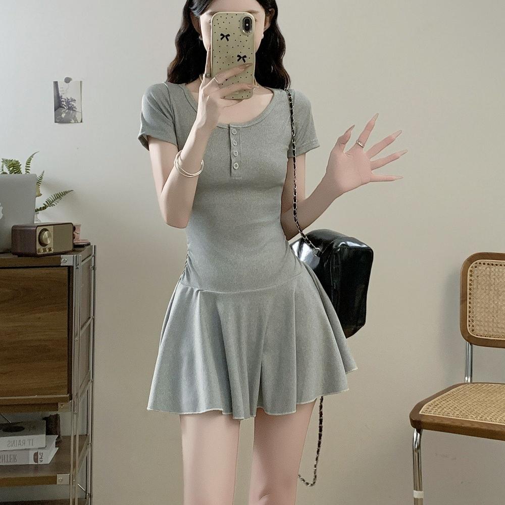 Summer Grey Slim Short Sleeve Mini Dress+shorts Women's Waist Cinched Pleated Elasticity A-line Short Skirt Young Girl Dresses