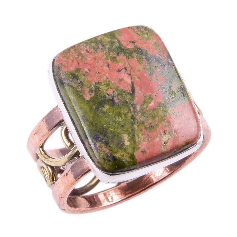 Natural Unakite Gemstone Handmade 925 Sterling Silver Two Tone Ring Size 7 O6s11