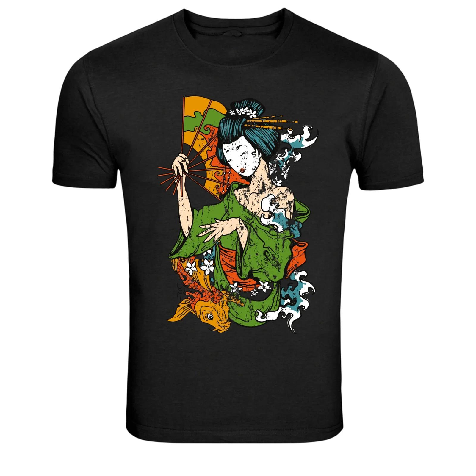 Japanese Geisha Koi Fan Traditional Art T-Shirt XL