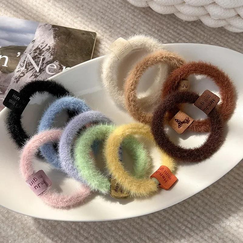 Autumn and Winter Plush Maillard Color Hair Rope Girl All-match Marine Belt Head Rope High Elasticity Basic Rubber Band Hair Ring