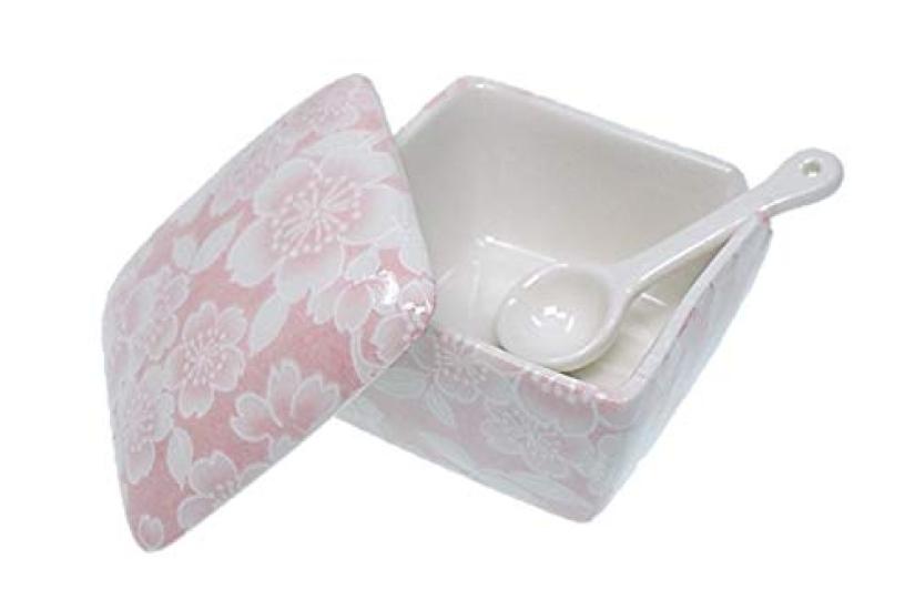 Sakura Yuzen Pink Condiment Made in with Condiment Container with Commercial ACSWEBSHOP Original Container, Japan, Ceramic, Spoon, Ichimi, Salt,