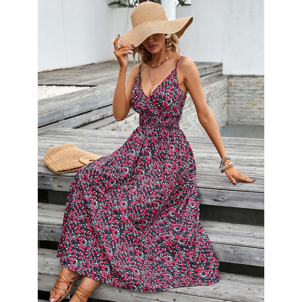 Summer Women's Floral Print V-neck Spaghetti Strap Waist-cinched Dress, European Style Casual Sundress For Women