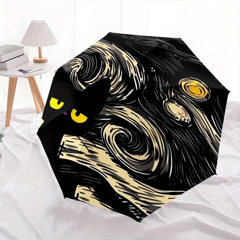 Starry Night Cat Automatic Folding Umbrella  8 Ribs, Durable Iron Frame, Bright Color Pattern Compact Travel Umbrella, Suitable for Outdoor,