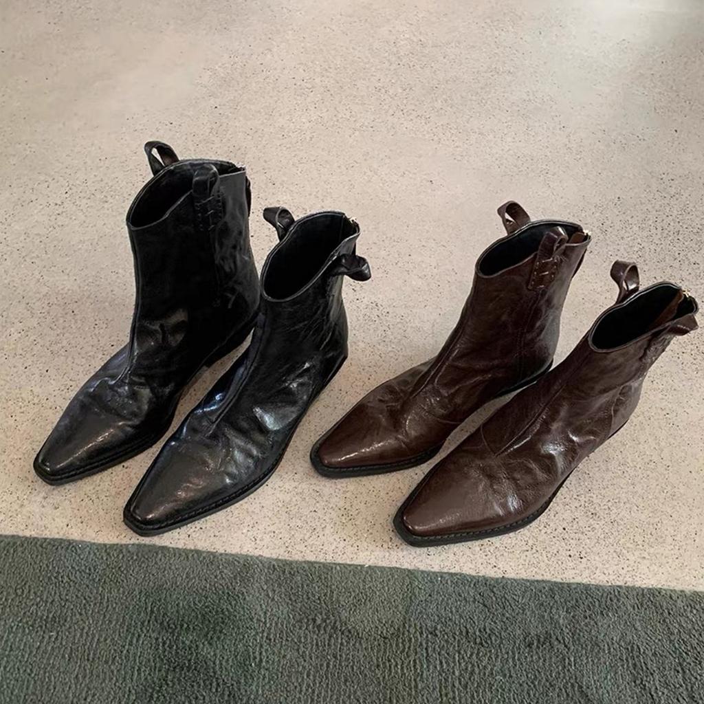 Leather Vintage Pointed V Boots Women's French Thick Heel Skinny Back Zipper Western Boots 2025 Martin Boots.