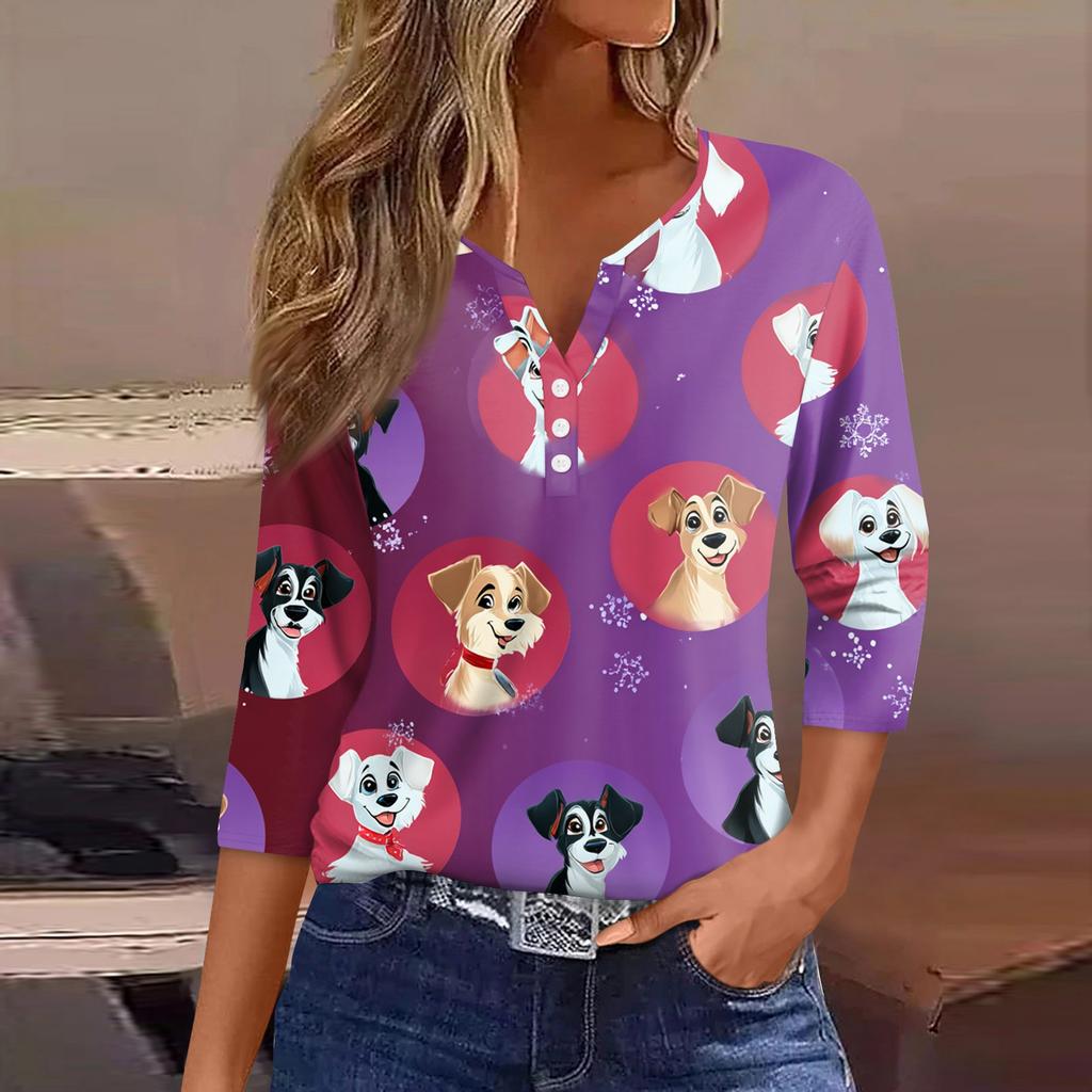 Women's T Shirt Tee Christmas Printed Button 3/4 Sleeve Tunic Daily Weekend Fashion Basic V- Neck Regular Top
