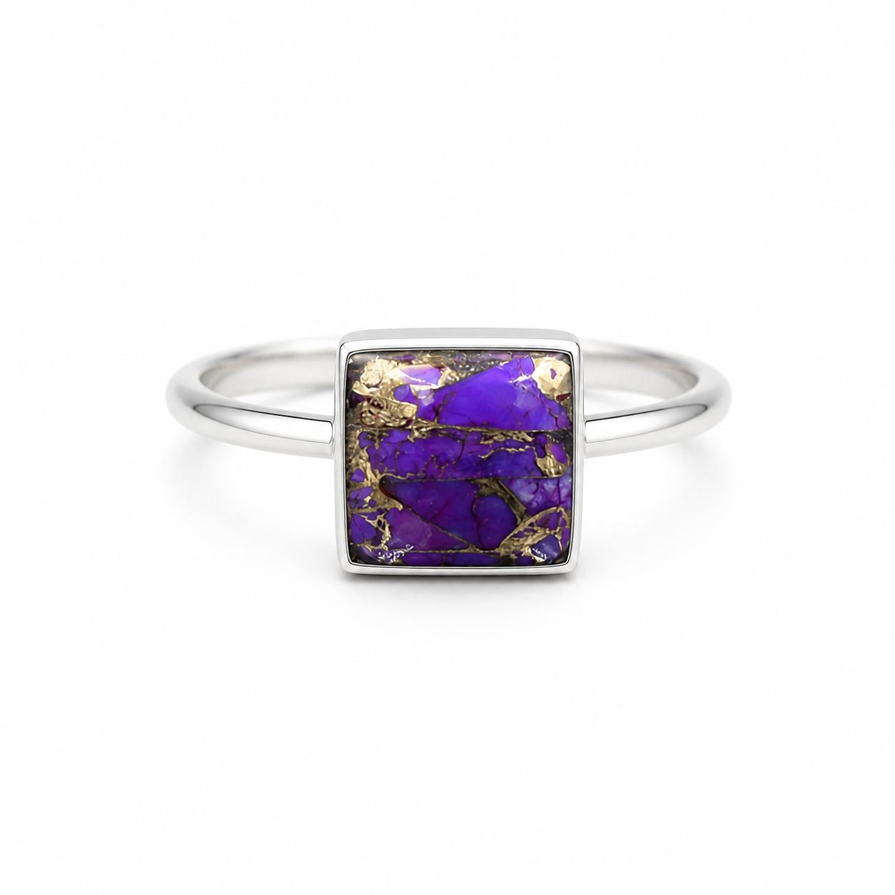 

Purple Copper Turquoise Ring, Sterling Silver Minimalist Ring, Square Gemstone Ring, Dainty Stacking Ring, Handmade Boho Jewelry 4 серебряный