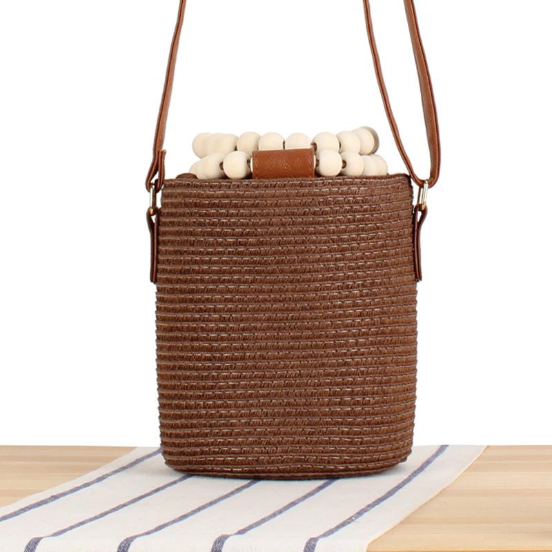 2025 Women Fashion Leisure Handmade Woven Handbags Wooden Beads Handle Bucket Bag Lady Trendy Shoulder Beach Bags