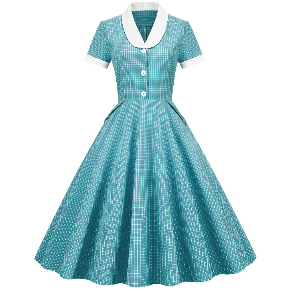 Vintage Plaid Dress With Piping And Pockets For Elegant Office Parties