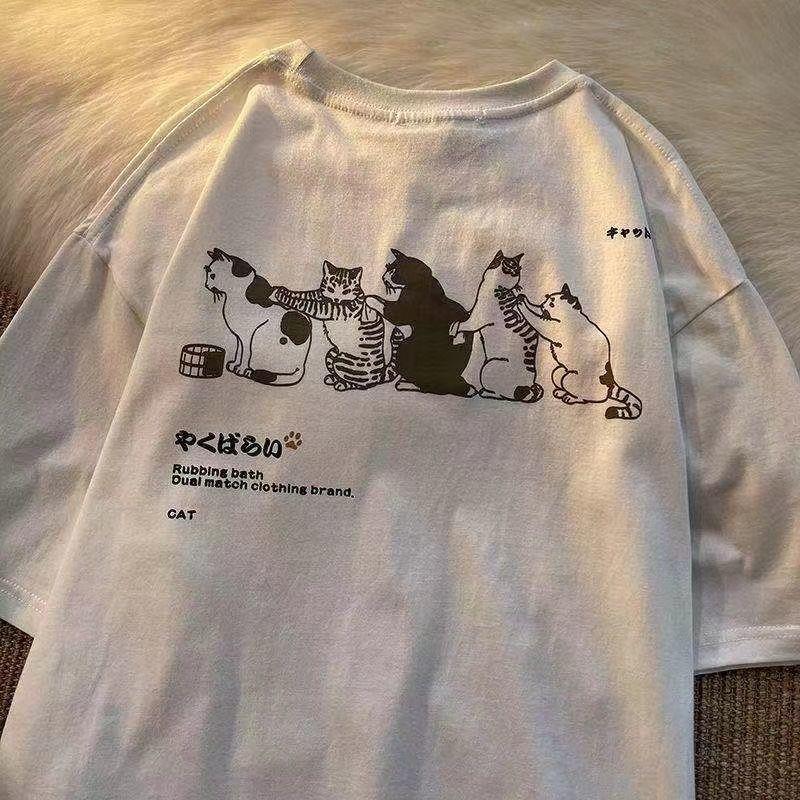 Summer Small Fresh Short Sleeved T Shirt Men and Women Couple Tide Brand Retro Cartoon Cat Printing Half Sleeve T Shirt