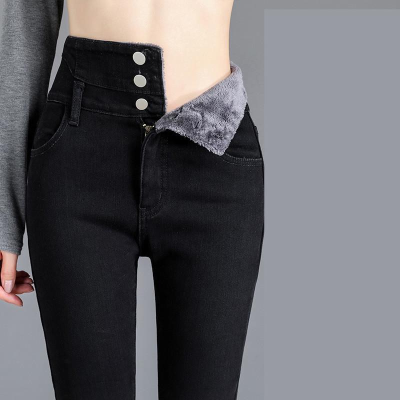 Gefütterte Jeans für Damen in Übergröße, Winter, dicker Samt, hohe Taille, Röhrenjeans, einfache Fleece-Hose, warme Slim Fit