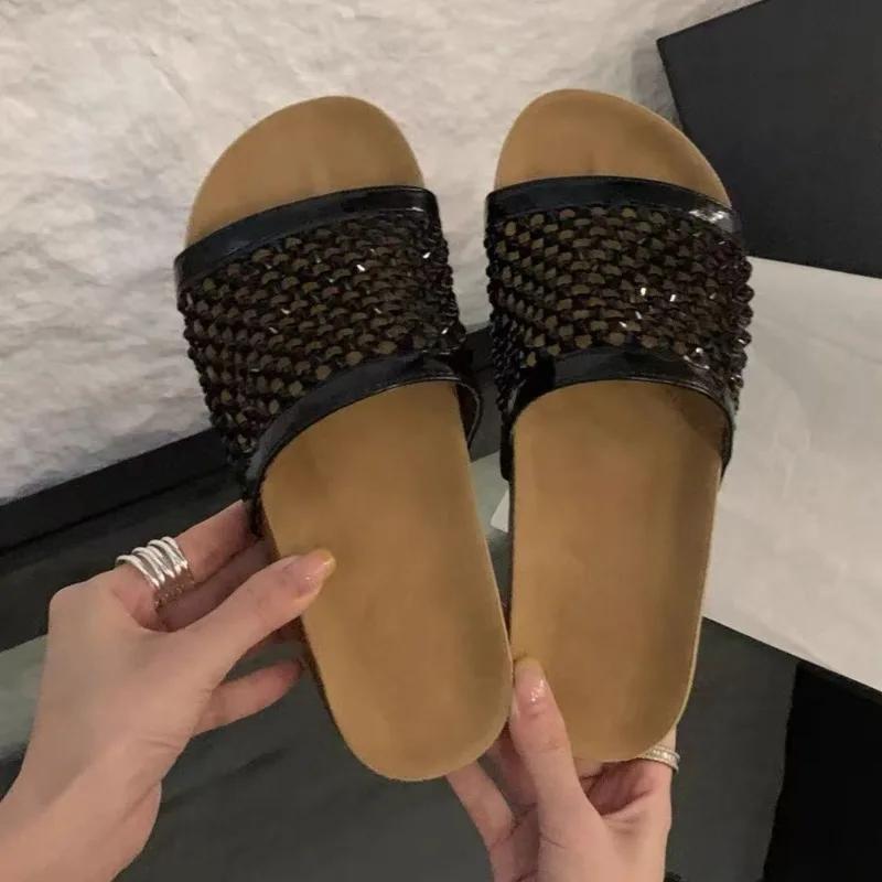 Fashion Women's Rhinestone Vintage Mesh Platform Slip Slipper Summer Fashion Outside Rhinestone Flat Slipper Slipper
