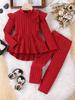 Girls' Red Ribbed Knit Bow Top & Flying Sleeve Long Pants Two-Piece Set
