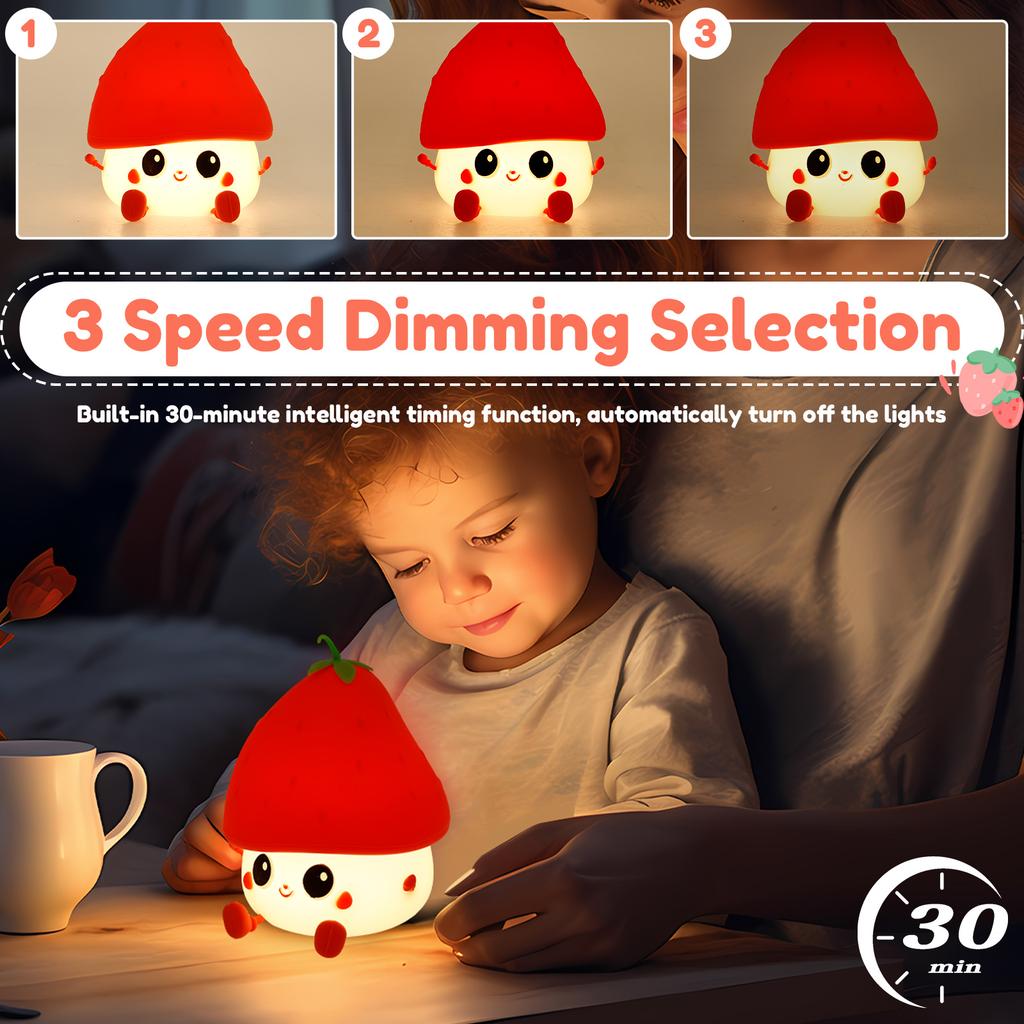 1Pc Cute Strawberry Night Light Silicone Rechargeable Nightlight Dimmable LED Strawberry Bedside Table Lamp for Bedroom Kid Room