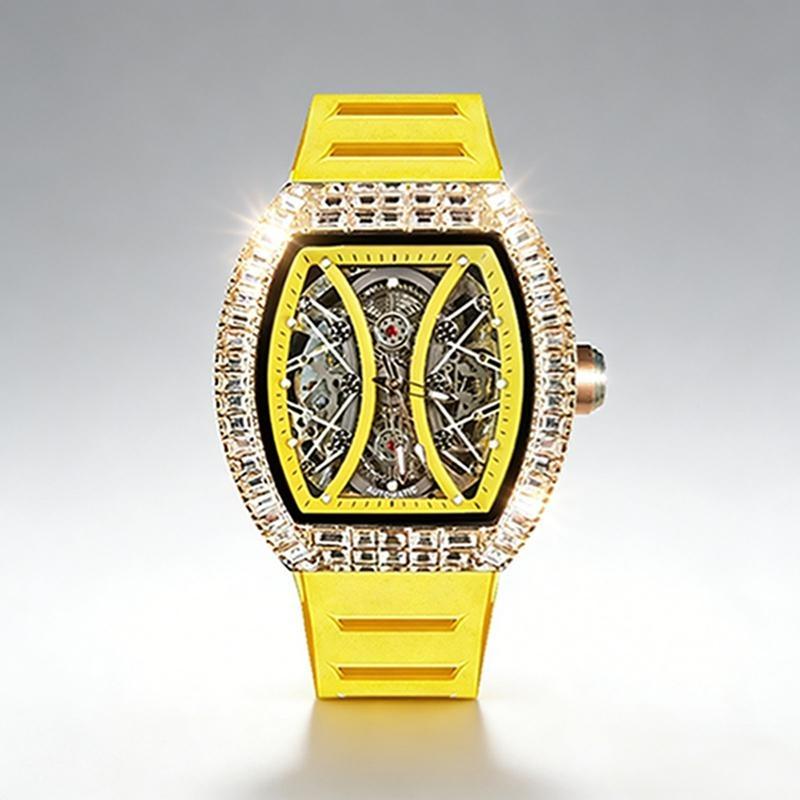 Top Brand Men's Automatic Mechanical Watch Fashion Tonneau Case Luminous Pointer Diamond Skeleton Watch