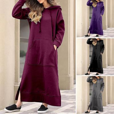 Robe sweat-shirt couleur pour femme, capuche, cordon de serrage, grande taille, manches longues, poche avant, Sexy, fente latérale, Maxi