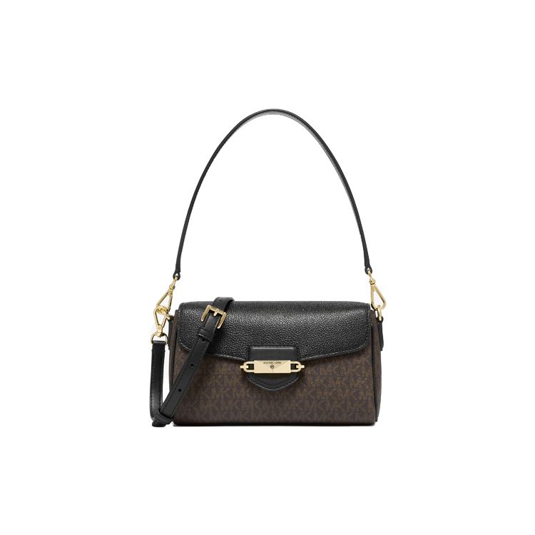 Michael Kors MK Fleur Solid Logo Lock Flap Closure Leather Baguette Shoulder Bag Small Women bags Dark-Brown Black 32F3G6FC1B292 Dark Brown & Acorn Brown