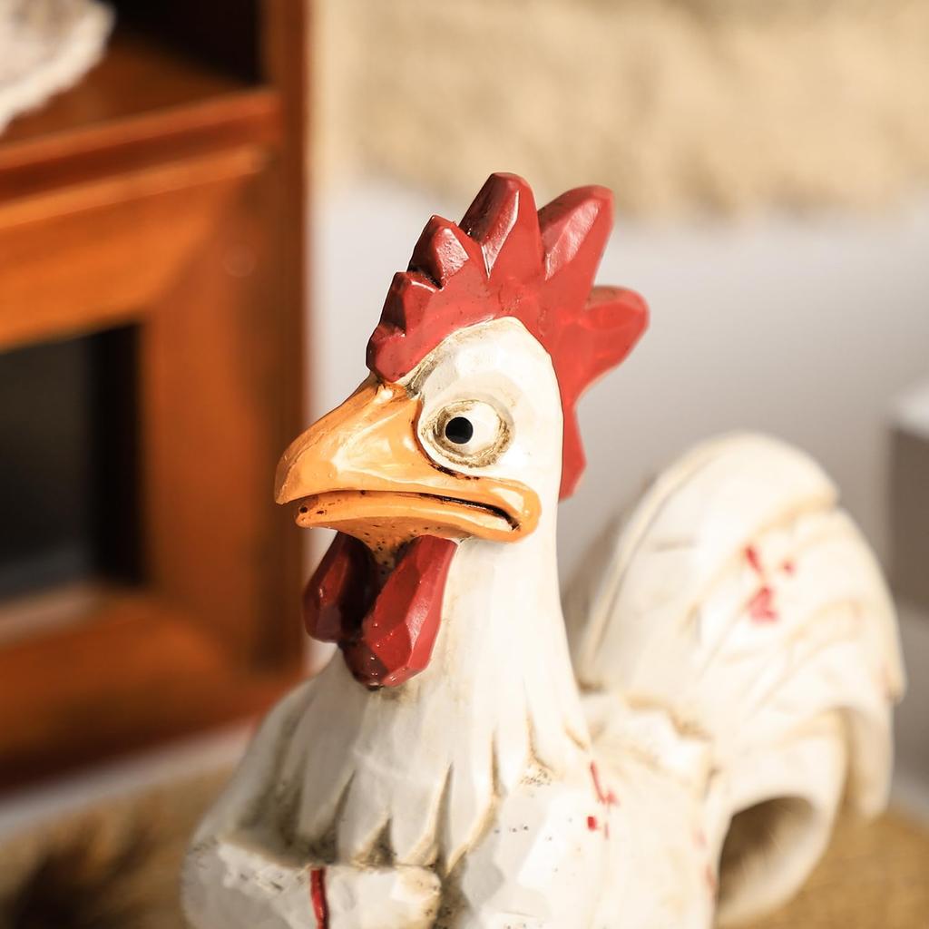 Bicuzat Funny White Rooster Statue, Resin Table Art Sculpture Funny Rooster Figurine Decoration, Rustic Country Tabletop Decoration, Farm Animal