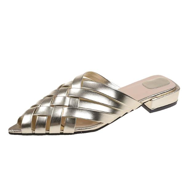 

Мода Женщины острый носок черный золото и серебро белый повседневные уличные тапочки летние лодочки слипоны 39 золотистый