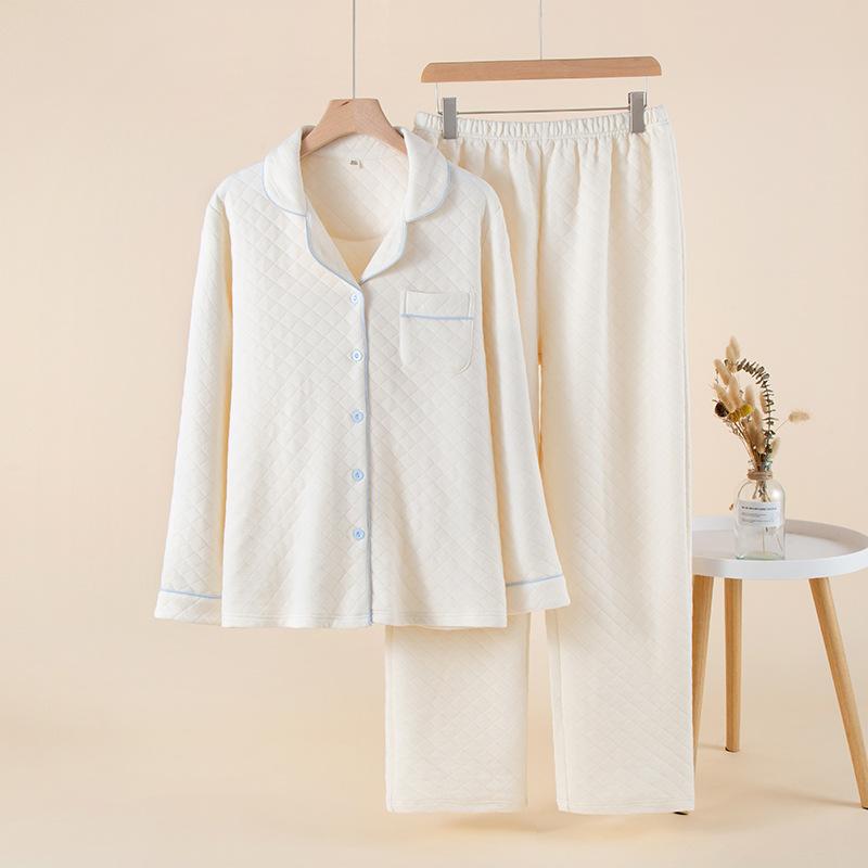 Couple pajamas women's autumn and winter air layer padded cotton simple solid color homewear men's printless pure cotton homewear